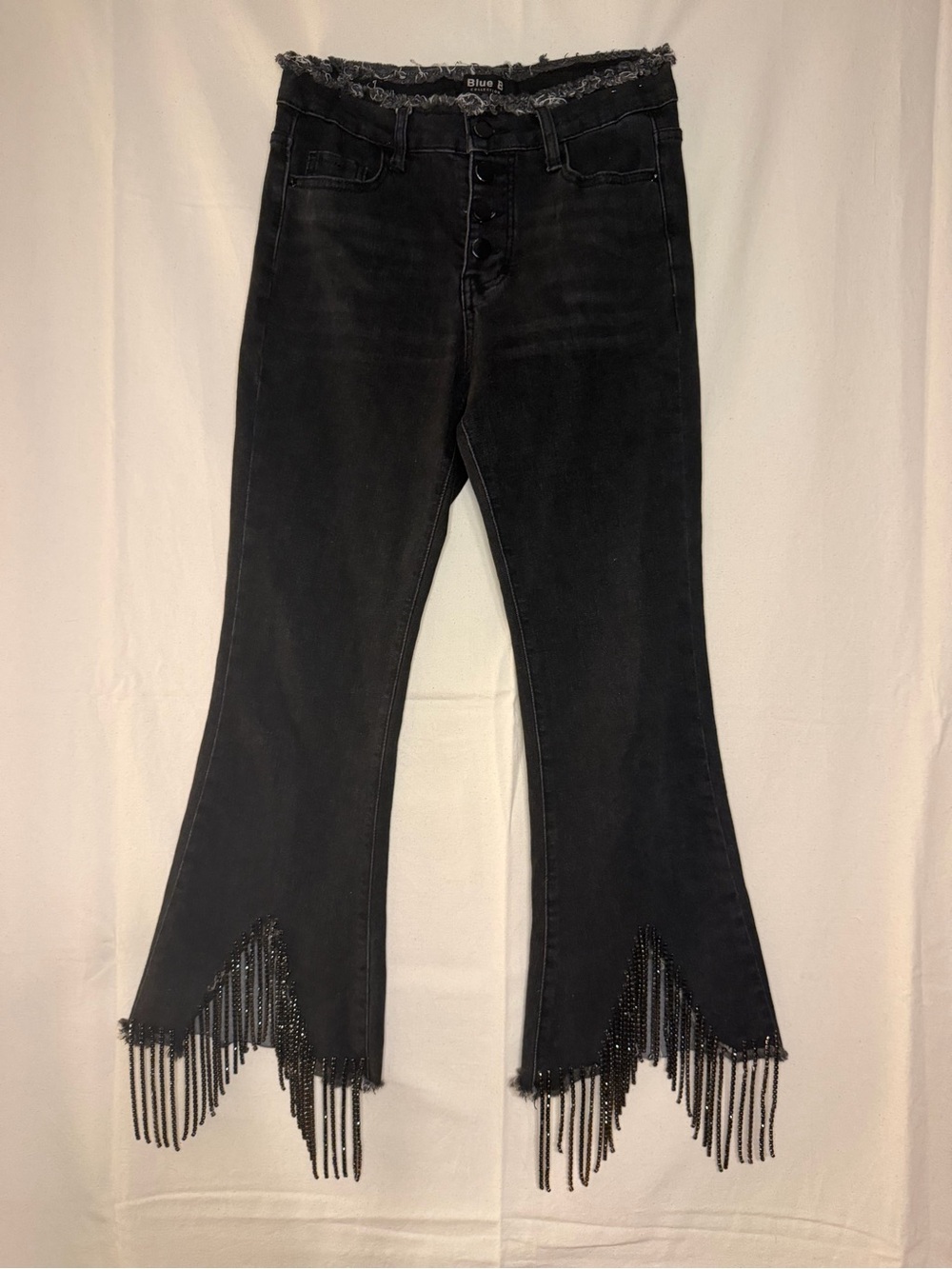 Black Rhinestone Fringe Hem Flare Ankle Jeans